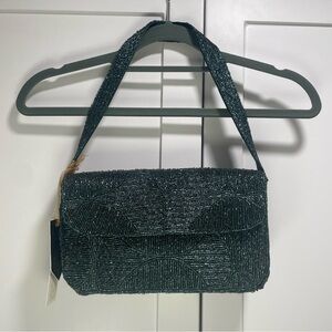 Viral Handcrafted Beaded Fan Design Shoulder Bag Dark Green